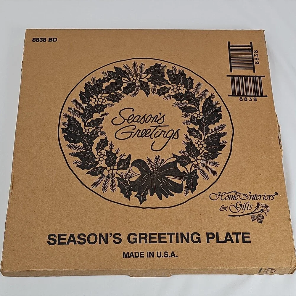 Home Interiors Glass Christmas Platter Frosted Seasons Greetings Wreath 13 in